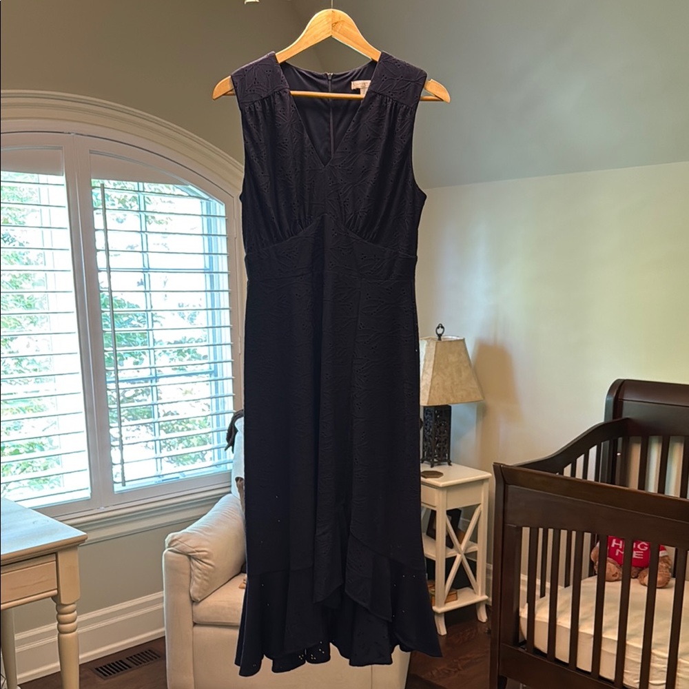 London Times Blue Ruffled Hemmed Eyelet Cocktail Dress
